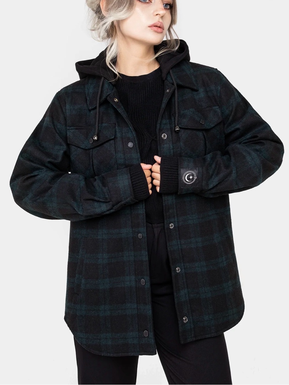 Disturbia Black & Teal Plaid Hooded Shirt Jacket